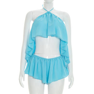 Viviblook Y26ST078 Nouvel ensemble sexy pour femme, très tendance, couleur unie, dos nu, crop top et short, deux pièces pour l'été - Product Image 3