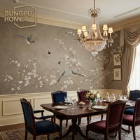 Papier peint personnalisé SUNGPU Chinoiserie Chaleureuse Écologique Non-tissé Motif Plumier et Pie pour Hôtel, Salon de Thé, Maison