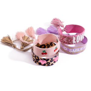 Pulseras de Hilo a la Moda, Coloridas, Tejidas, con Letras, Estampado de Cerezas y Leopardo, Ajustables, Joyería para Mujer, Regalo - Product Image 5