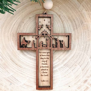 कस्टम लेजर कट उत्कीर्ण क्रिसमस सजावटी उपहार के लिए लकड़ी के जन्म दृश्य शास्त्र क्रॉस - Product Image 2