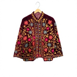 Hand Embroidered Quilted <b>Velvet</b> Mandarin Collar Jacket Full Sleeve Floral Pattern <b>Women's</b> Autumn Winter Wear Elegant Style - Product Image 1