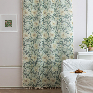 Rideaux transparents floraux bohèmes Pivoines et vignes blanches luxuriantes, détails croquis à la main, garniture de gland pour chambre/véranda/bistro - Product Image 4