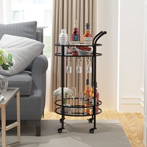 Chariot de bar moderne en métal et verre à 4 roues et 2 niveaux avec compartiment à bouteilles et porte-verres pour usage commercial hôtelier et de restauration - Product Image 1