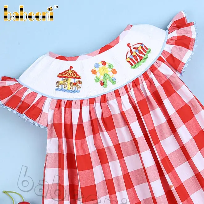 Large Check Baby Dress - BB2076 Smocked Amusement Park Red 3D Children Short Sleeve Casual OEM Service Woven Long Embroidery