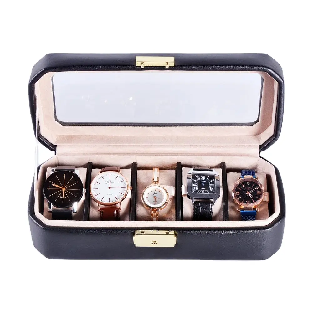 Men's Leather Watch Case With 5 Slot Glass Top Solid Made From PU Leather Velvet Material