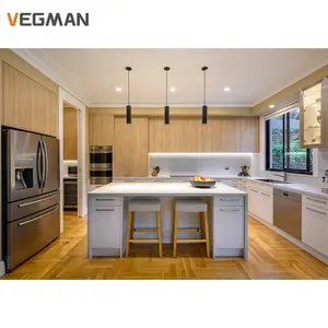 Customized Cheap Kitchen Cabinets Island White And Wooden Grain Doors Melamine Furniture Modern Kitchen Cabinet Made In China