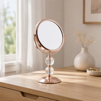 Miroir de table double face en or rose avec tige ornée de perles de cristal, miroir de maquillage de luxe en métal rond pour coiffeuse