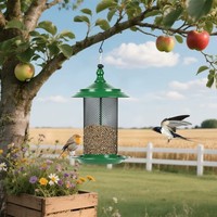 Mangeoire à oiseaux en métal vert Oniya, mangeoire à graines pour oiseaux sauvages suspendue, mangeoire à oiseaux pour jardin extérieur, cour arrière, avec toit imperméable