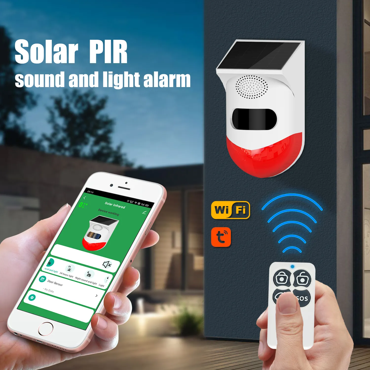 Upgrade Smart Wifi Tuya Solar Powered Infrared Detector Alarm System Outdoor Remote Control 120db Strobe Siren PIR Motion Sensor