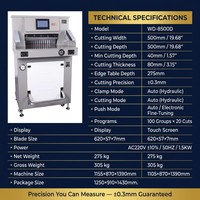 Cortadora de Papel Hidráulica WD-8500D de 500 mm con Precisión de ±0.3 mm |   80 mm de grosor |   Pantalla Táctil de 100 Programas |   Certificado CE