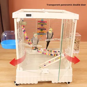 กรงนกแบบใส รุ่นกลาง สำหรับผู้เริ่มต้น กรงสีขาวพร้อมที่เล่นแบบเปิดด้านบนและขาตั้งแบบมีล้อ กรงนกทำจากอะคริลิก - Product Image 3