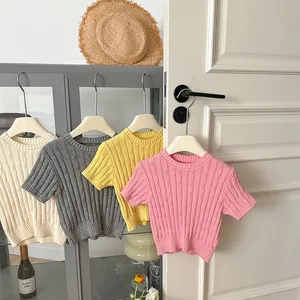 2024 spring new arrival little baby girls short sleeve knitted tops clothing solid pink yellow wholesale 617