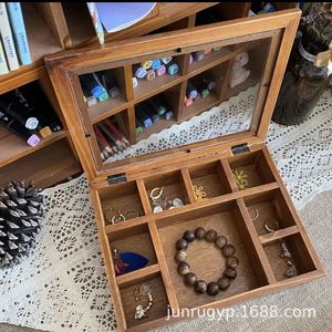 Retro Wooden Jewelry Box With Compartments For <b>Rings</b> Bracelets Watches Desktop <b>Storage</b> Organizer Rectangle Shape - Product Image 1