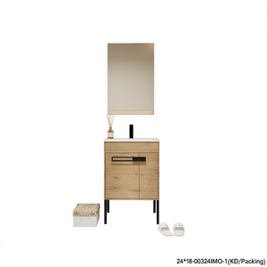 Bathroom Vanity Sink 24x18 Inch Freestanding Minimalist Design With Mirror Ceramic Basin Light Wood Finish - Product Image 1