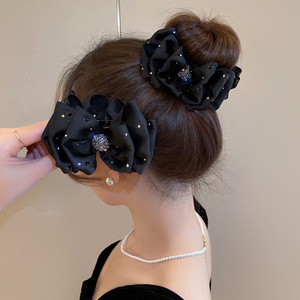 Black <b>bow</b> bun hair <b>clip</b>, new style, women's hairpin, high ponytail hair accessory. - Product Image 2