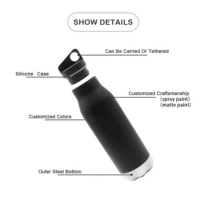 Bouteille isotherme en acier inoxydable avec base en bambou et bouchon en liège, petite gourde portable à large ouverture avec poignée pour l'extérieur