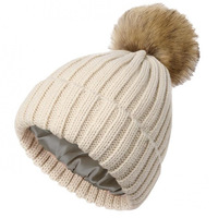 Haute qualité femmes hiver chaud tricot bonnet chapeaux Satin doublé fausse fourrure Pom Pom bonnets chapeau pour les filles