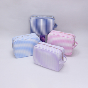 Custom Eco-Friendly Large Cosmetic Organizer Pouch Portable Travel Seersucker Striped <b>Makeup</b> Zipper Soft Handle <b>Storage</b> <b>for</b> - Product Image 1