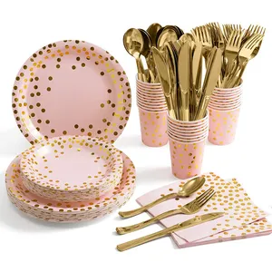 LUCKY Rose Gold Foil Paper Party Supplies Disposable Paper Plates Paper Cup Napkin Straw Tableware Disposable Dinnerware Set