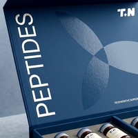 Boîte rigide personnalisée bleu marine et gris en carton ondulé pour 3 flacons de peptides, impression offset sur pulpe moulée, soins personnels
