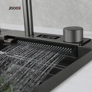 JDOOR新しい温度デジタルディスプレイキッチンシンク304ステンレス鋼ブラックナノキッチンシンク滝付き