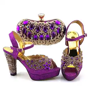 AB8636 High quality purple italian shoes matching bag set for women bridal sandals shoes bag for summer