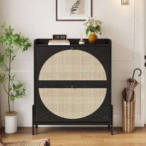 2-Drawer Wooden Shoe Cabinet Rattan Doors <b>Narrow</b> Freestanding <b>Storage</b> Organizer Entryway Black - Product Image 1