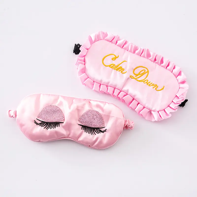 good night embroidered pink artificial silk sleep eye mask with drawstring bag luxury travel eye patch