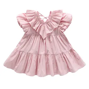 Vestido de princesa con cuello en V a la moda para niña rosa vestido de algodón al por mayor niñas niños vestido de verano de buena calidad 2023 para niñas