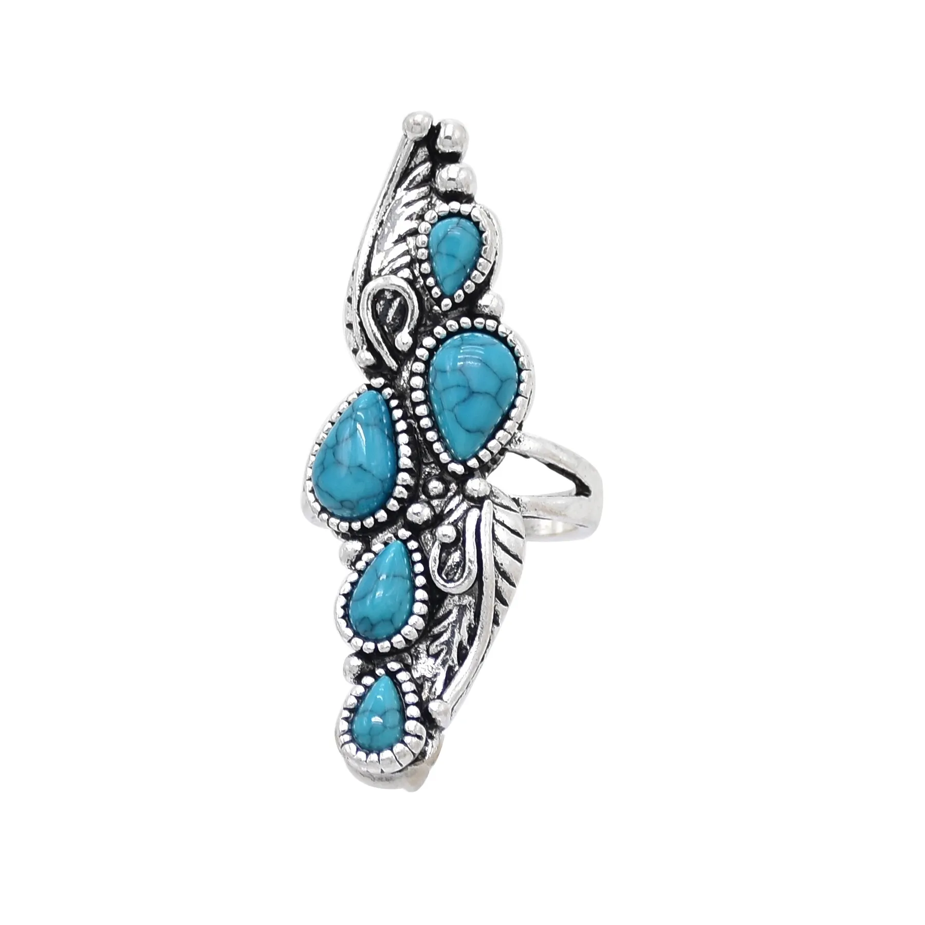 Vintage Turquoise Ring Siver Color Alloy Bohemian Style Droplet gemstone Leaf Type Rings For Women