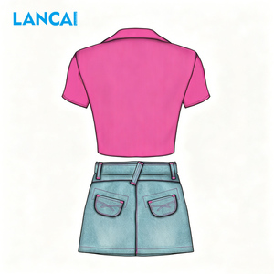 Ensemble 2 pièces pour femmes LANCAI, chemise courte à manches courtes boutonnée + jupe mini en jean taille haute, ensemble décontracté pour l'été, streetwear - Product Image 2