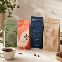 Sachets d'Emballage Café à Fond Plat Personnalisés Imprimés Mat Anti-Humidité Huit Côtés Scellés avec Valve Ziplock Refermable pour Lait et Gelée