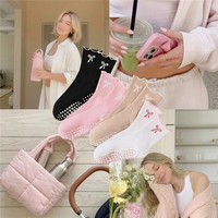 Chaussettes de sport Pilates antidérapantes personnalisées avec volants et nœud rose, tricotées pour femmes, mi-mollet, antidérapantes, pour yoga et Pilates