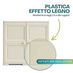 Armoire basse en plastique effet bois beige 79x43x85,5 cm 2 portes 4 compartiments Rangement de garage - Product Image 3