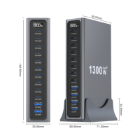 Cargador Rápido USB C de Escritorio GaN de 1300W con 12 Puertos, 10C 2A PD, con Enchufes Globales para 12 Dispositivos Simultáneamente, Universal