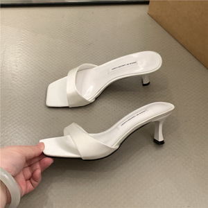 Square Toe High Heel <b>Slides</b> PU Material Slip-On Fashion Trend Summer Women's Shoes Black <b>White</b> Brown Colors - Product Image 3