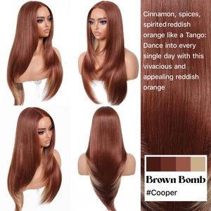 Perruques Lace Front Cooper Blond sans colle, pré-épilées, pré-coupées, pour débutantes, <span class=keywords><strong>avec</strong></span> <span class=keywords><strong>frange</strong></span>, longues, dégradées, lisses, 26 pouces, mèches roux vifs - Product Image 4