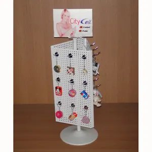 table standing store promotion 3 sided metal pegboard fixture rotating novelty counter display rack for key rings