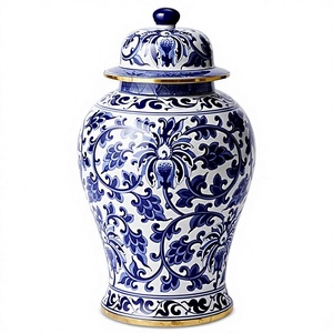 Urne en métal artisanale traditionnelle avec motif floral bleu, vase décoratif rond pour la décoration intérieure, style oriental sous glaçure - Product Image 1