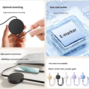 كابل شحن سريع 100 واط بتقنية PD قابل للسحب 2 في 1 من نوع C، رأس مزدوج 2 في 1 للاستخدام مع CarPlay/السيارة، يدعم نقل البيانات - Product Image 3