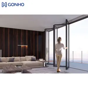 Accordion GONHO Brand New Top Quality Tinted Double Glass Aluminum Alloy Frame Accordion Folding Doors Aluminum Door And Window