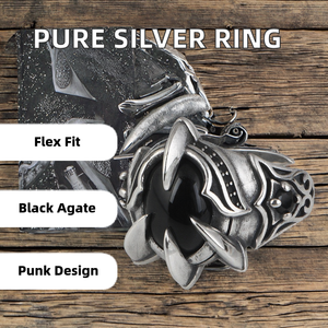 แหวนผู้ชายสไตล์พังก์ GQTORCH แหวนเงินแท้ 925 ประดับพลอยอาเกตสีดำทรงรี ดีไซน์แบบหนามเตย ปรับขนาดได้ - Product Image 2