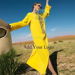 Manga larga Color amarillo <span class=keywords><strong>Cabaya</strong></span> Mujeres Vestido musulmán Elegante Dubai Modesto Vestidos largos con capucha Vestidos de noche - Product Image 4