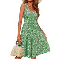 Robe d'été bleue à imprimé floral pour femme, sans manches, coupe trapèze, style bohème, devant en polyester/coton, pour les vacances, la plage, décontractée, ajustée, ourlet évasé