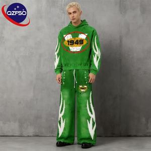 QZFSO personalizado peso pesado de gran tamaño lavado ácido serigrafía manga bordado diamantes de imitación pantalones de chándal desgastados y conjunto de Sudadera con capucha - Product Image 1