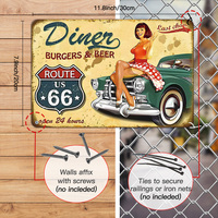 Panneau en métal Route 66 Pin-up, décoration murale rétro sur le thème des voyages en voiture à travers l'Amérique, pour garage, bar ou décoration de man cave.