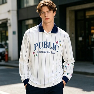 T-shirt pour homme à manches longues, col côtelé, broderie plate personnalisée, jersey décontracté à col en V, impression sérigraphique patchwork de haute qualité OEM - Product Image 3