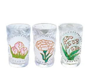 Hand drawn glacier cup, three-dimensional floral glass frosted fruit juice cup