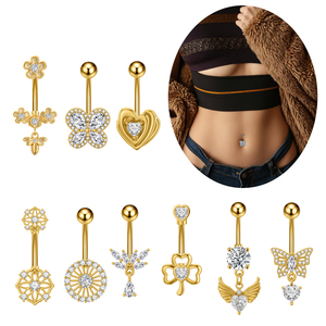 10 unids/set de acero inoxidable 14G <span class=keywords><strong>Piercing</strong></span> para ombligo, gemas dobles, anillos para ombligo de acero quirúrgico dorado, Piercings para ombligo para mujer - Product Image 1