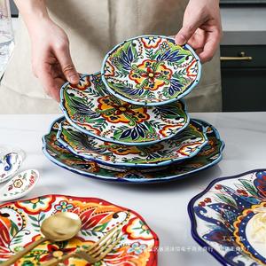 Vaisselle de cuisine de luxe colorée grande porcelaine moderne <span class=keywords><strong>manger</strong></span> en céramique Style bohème Design fleur impression assiette plateau ensemble - Product Image 3